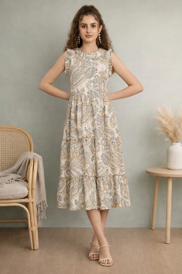 Beige_Paisley_Tiered_Midi_Dress