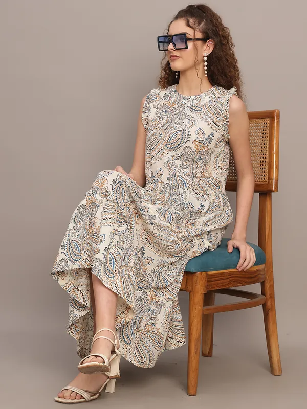 Beige_Paisley_Tiered_Midi_Dress