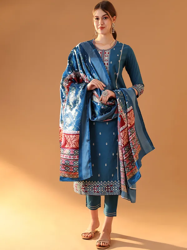 Teal_Chanderi_Cotton_Kurta_Trouser_Set