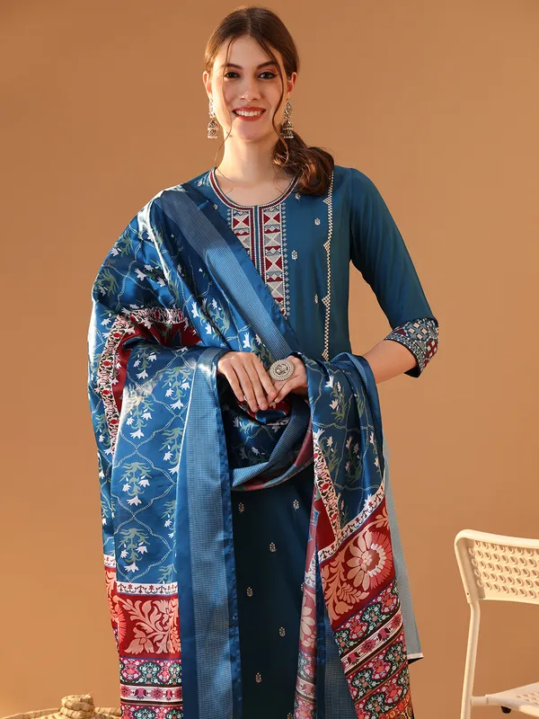 Teal_Chanderi_Cotton_Kurta_Trouser_Set