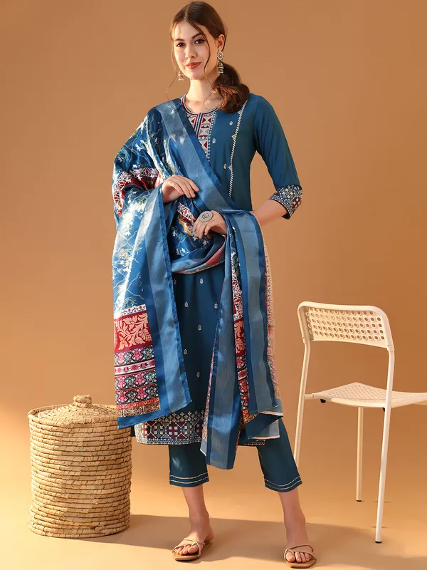Teal_Chanderi_Cotton_Kurta_Trouser_Set