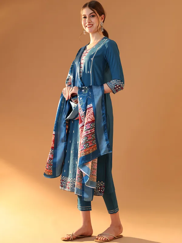 Teal_Chanderi_Cotton_Kurta_Trouser_Set