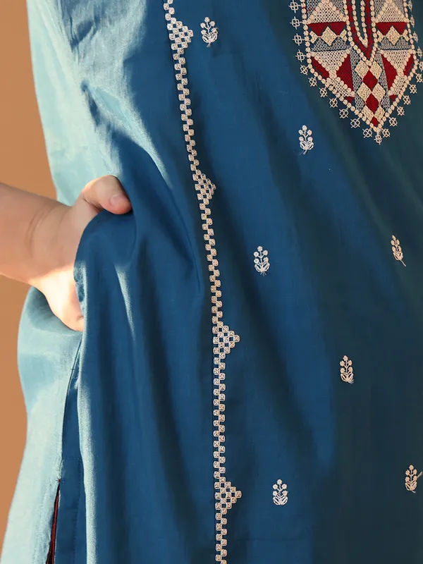 Teal_Chanderi_Cotton_Kurta_Trouser_Set