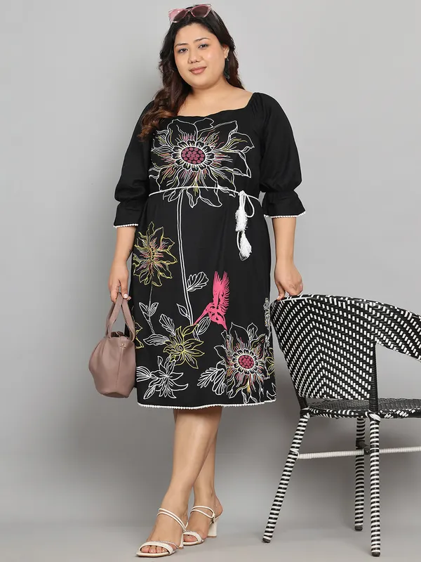 Black_Premium_Cotton_3/4Th_Sleeve_Dress_For_Women_|_Till_6XL