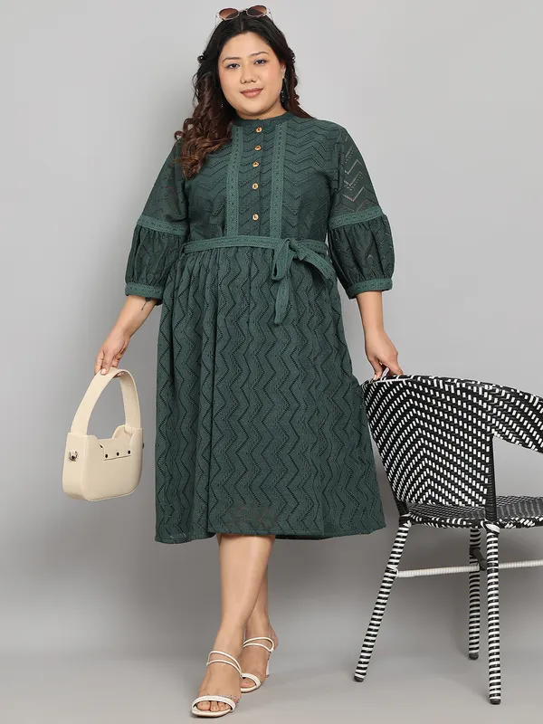 Green_Premium_Polyester_3/4Th_Sleeve_Dress_For_Women_|_Till_6XL