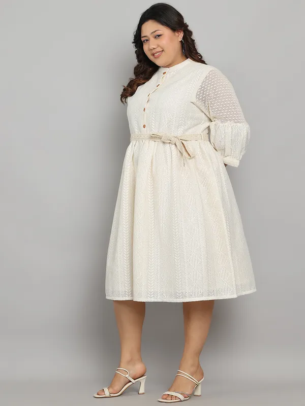 Cream_Premium_Polyester_3/4Th_Sleeve_Dress_For_Women_|_Till_6XL