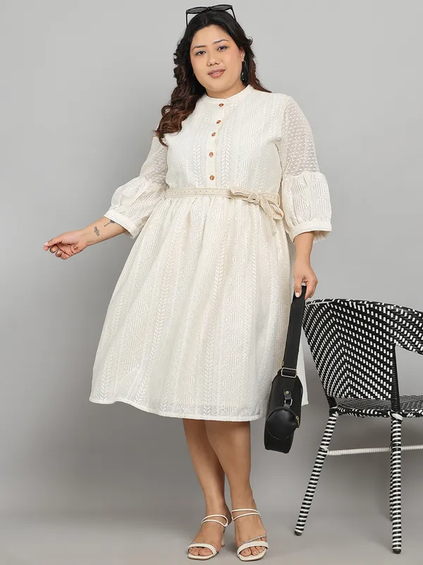 Cream_Premium_Polyester_3/4Th_Sleeve_Dress_For_Women_|_Till_6XL