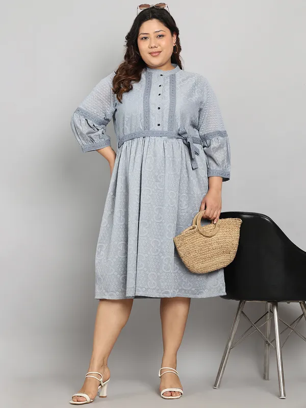 Grey_Premium_Dobby_3/4Th_Sleeve_Dress_For_Women_|_Till_6XL
