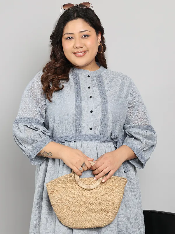 Grey_Premium_Dobby_3/4Th_Sleeve_Dress_For_Women_|_Till_6XL
