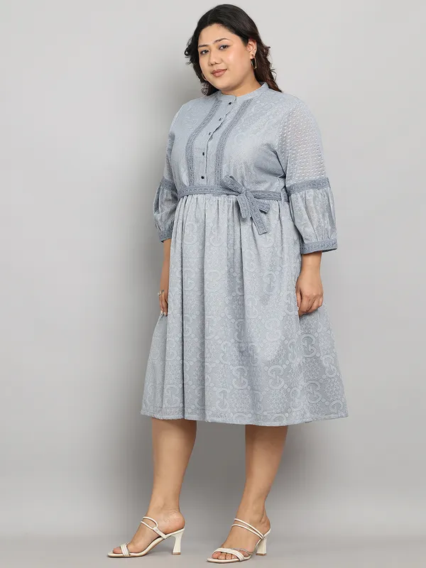 Grey_Premium_Dobby_3/4Th_Sleeve_Dress_For_Women_|_Till_6XL