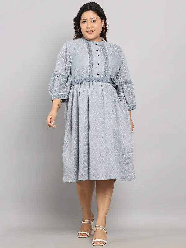 Grey_Premium_Dobby_3/4Th_Sleeve_Dress_For_Women_|_Till_6XL