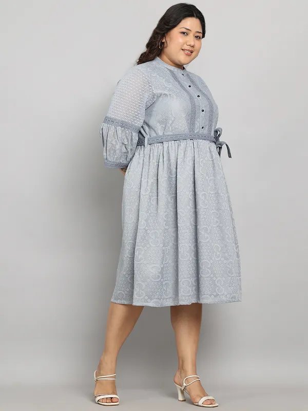 Grey_Premium_Dobby_3/4Th_Sleeve_Dress_For_Women_|_Till_6XL
