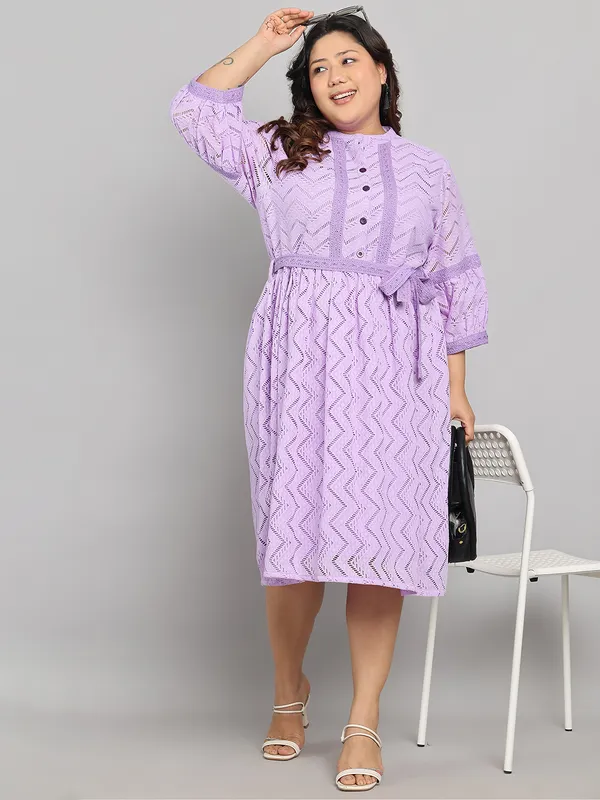 Purple_Premium_Schiffli_3/4Th_Sleeve_Dress_For_Women_|_Till_6XL