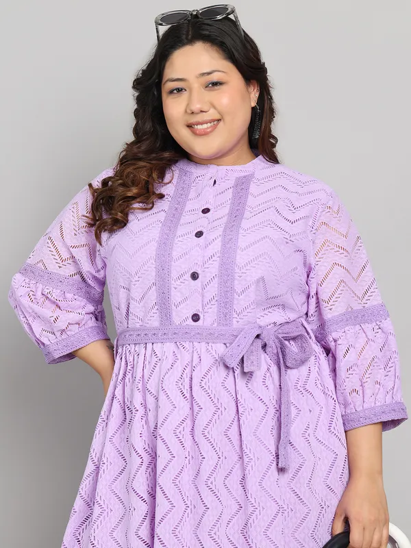 Purple_Premium_Schiffli_3/4Th_Sleeve_Dress_For_Women_|_Till_6XL