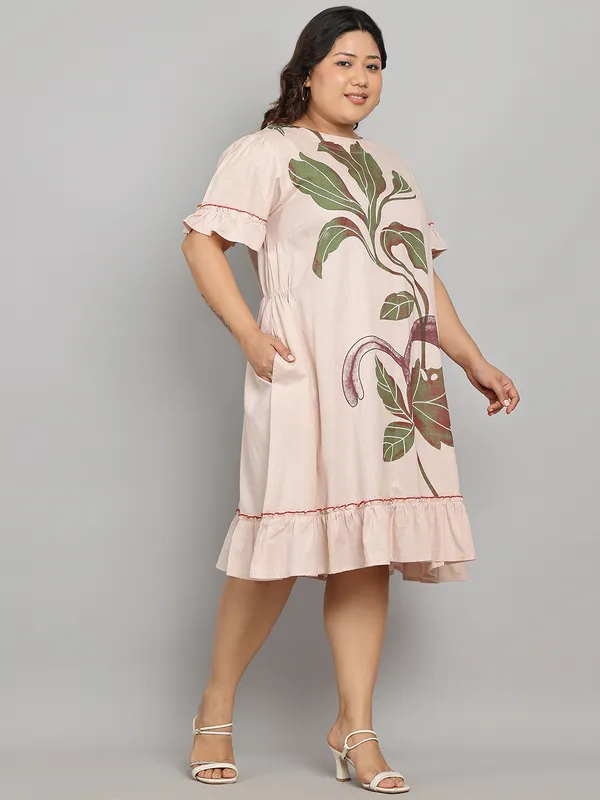 Beige_Premium_Cotton_Flex_Short_Dress_For_Women_|_Till_6XL