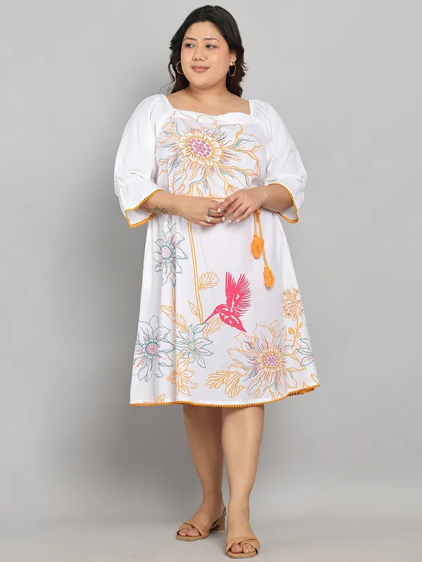 White_Premium_Cotton_Flex_3/4Th_Sleeve_Dress_For_Women_|_Till_6XL