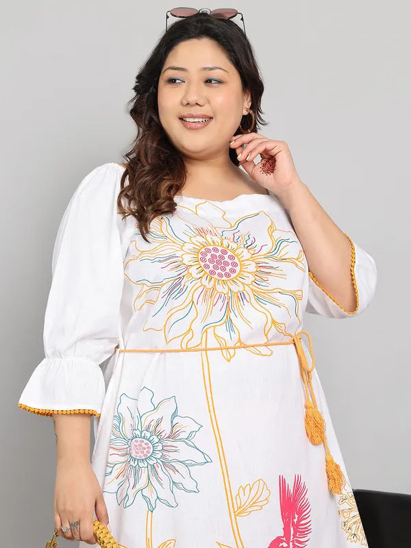 White_Premium_Cotton_Flex_3/4Th_Sleeve_Dress_For_Women_|_Till_6XL
