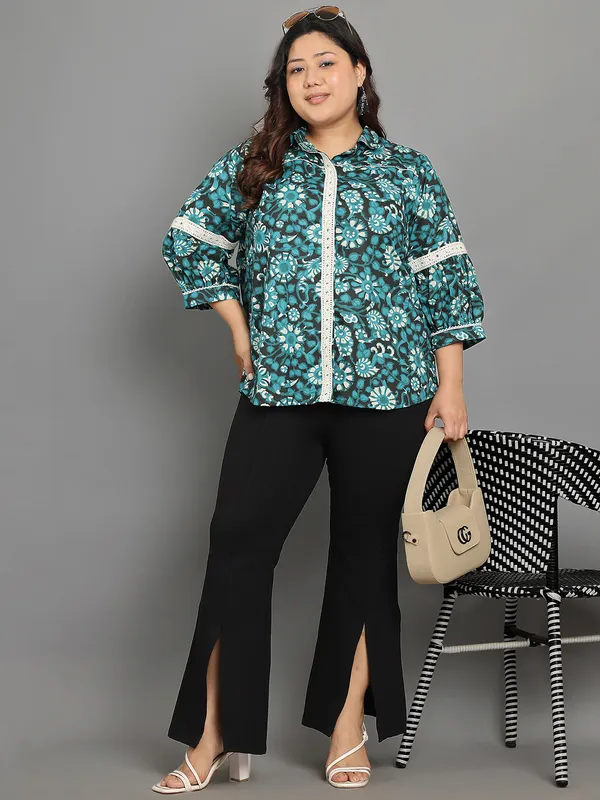 Green_Premium_Cotton_Three_Fourth_Sleeves_Shirt_For_Women_|_Till_6XL
