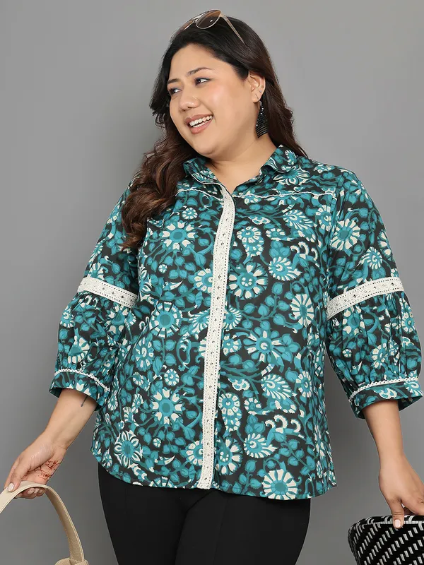 Green_Premium_Cotton_Three_Fourth_Sleeves_Shirt_For_Women_|_Till_6XL