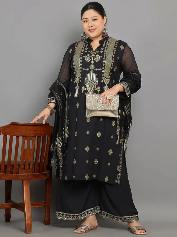 Black_Rayon_Skd_With_Mandarin_Collar_&_Placement_Print