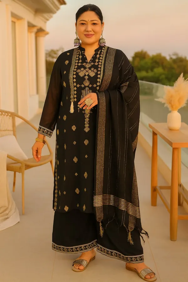 Black_Rayon_Skd_With_Mandarin_Collar_&_Placement_Print