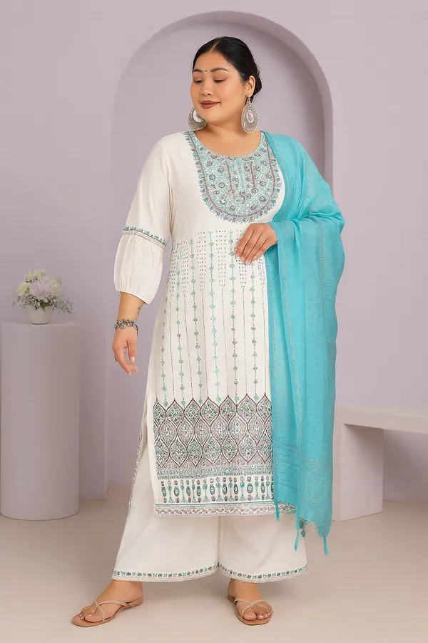 Off_White_Premium_Viscose_Rayon_Three_Fourth_Sleeves_Kurta_Set_For_Women_(Pack_Of_3)_|_Till_6XL
