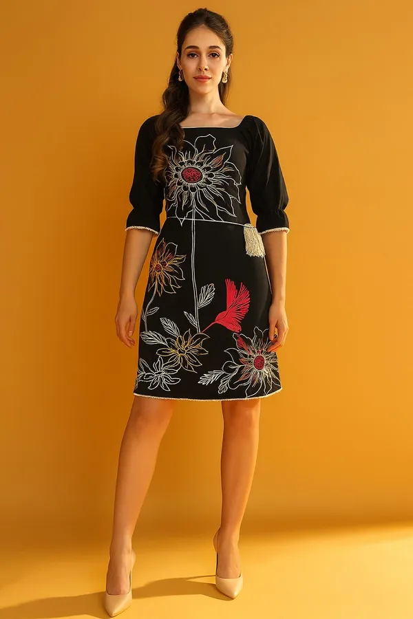 Black_Premium_Cotton_Three_Fourth_Sleeves_Dress_For_Women