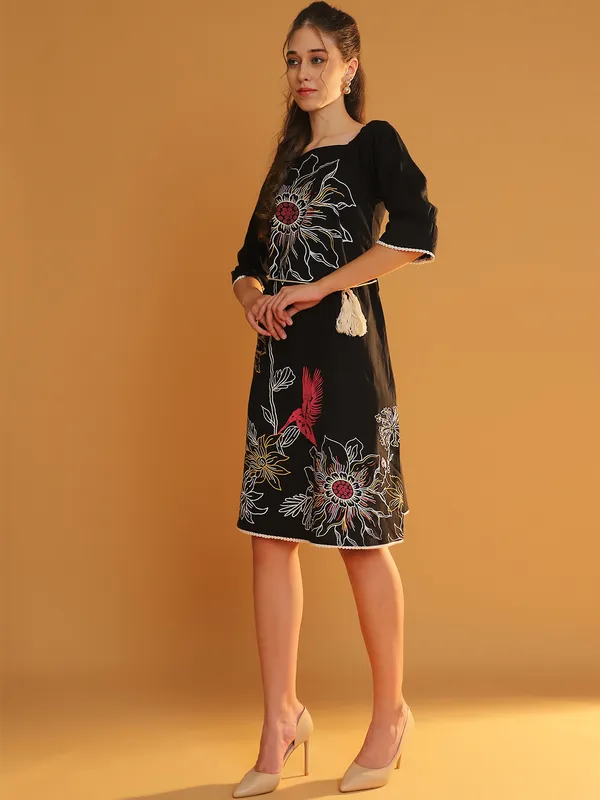 Black_Premium_Cotton_Three_Fourth_Sleeves_Dress_For_Women