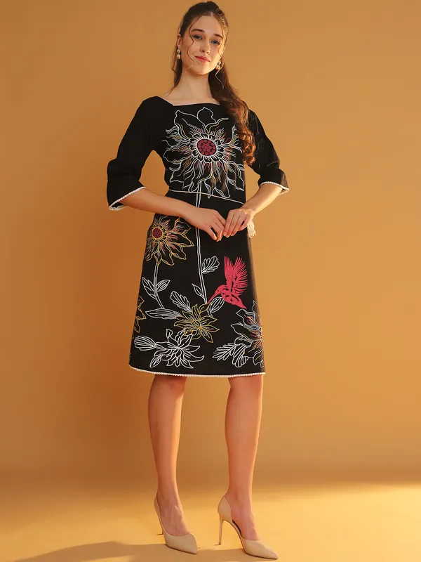 Black_Premium_Cotton_Three_Fourth_Sleeves_Dress_For_Women