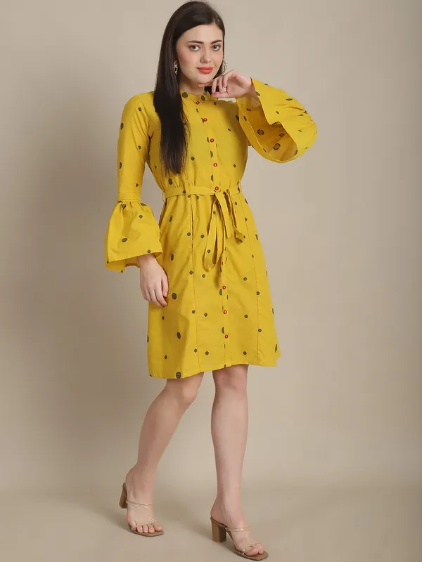 Mustard_Premium_Cotton_Three_Fourth_Sleeves_Dress_For_Women