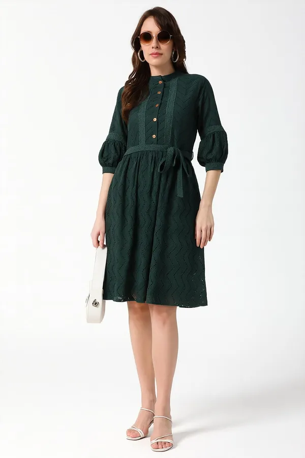 Green_Premium_Schiffli_Three_Fourth_Sleeves_Dress_For_Women