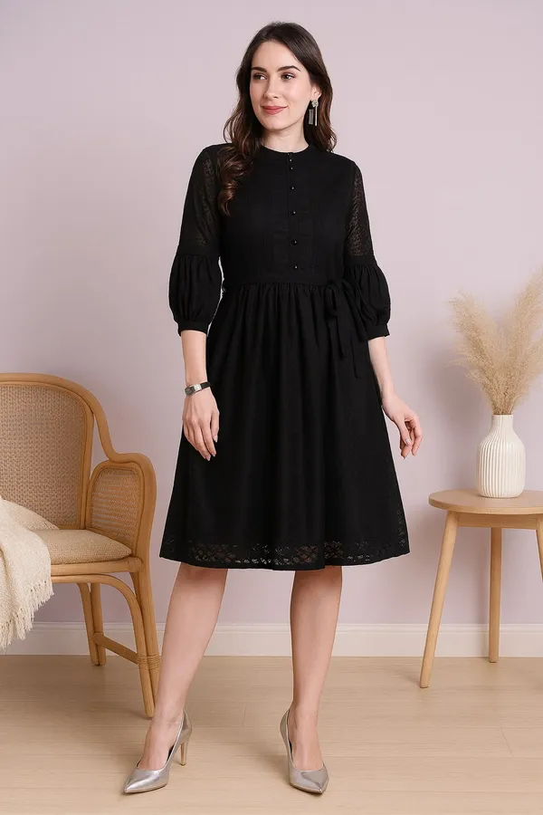 Black_Premium_Schiffli_Three_Fourth_Sleeves_Dress_For_Women