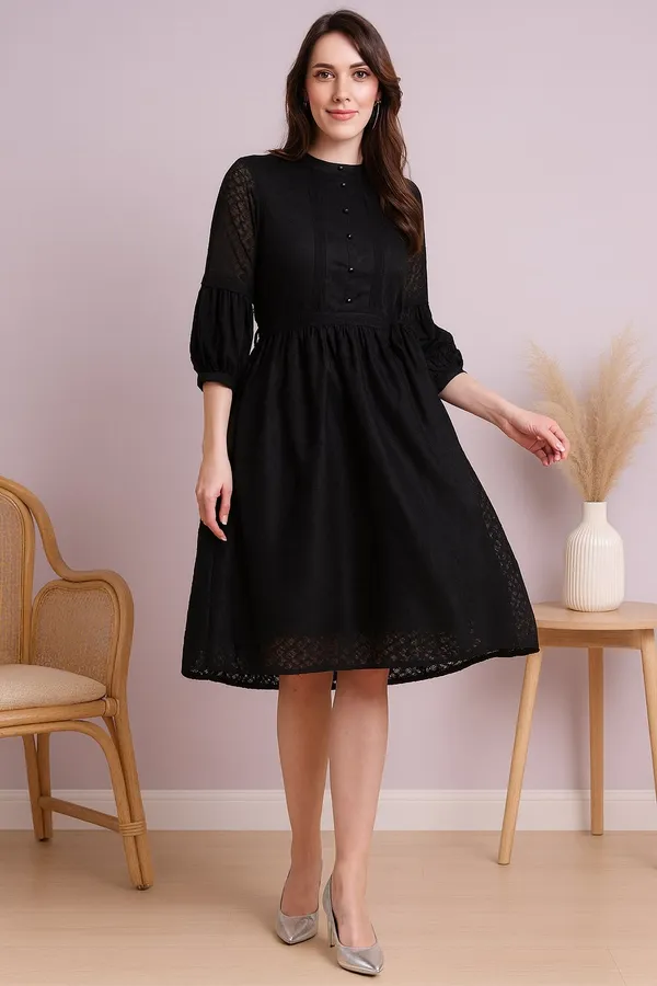 Black_Premium_Schiffli_Three_Fourth_Sleeves_Dress_For_Women