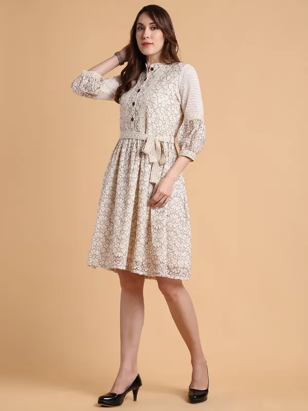 Brown_Premium_Schiffli_Three_Fourth_Sleeves_Dress_For_Women