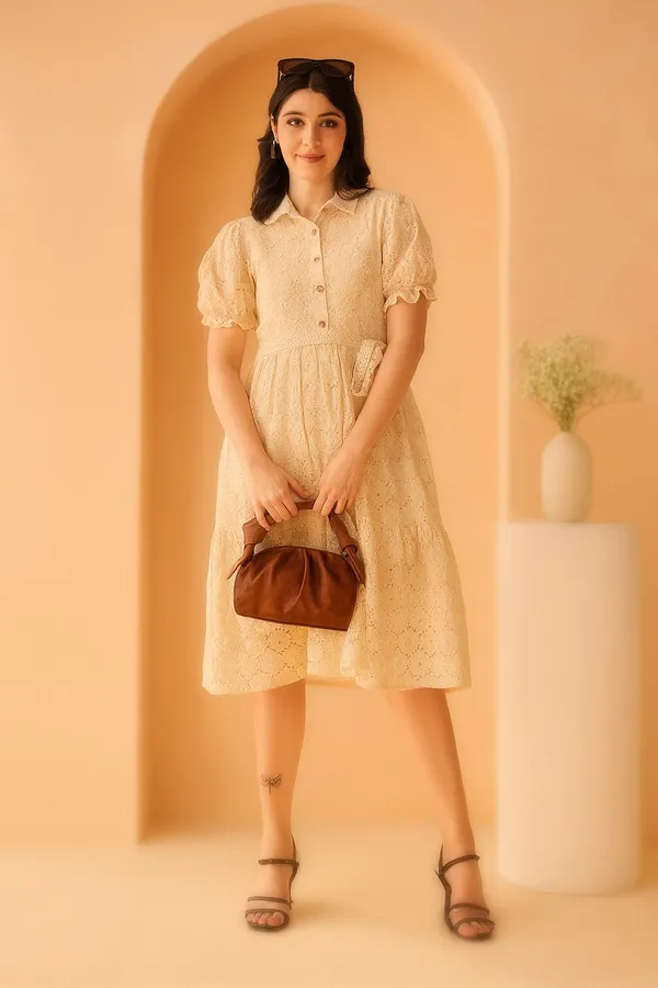 Cream_Premium_Schiffli_Half_Sleeves_Dress_For_Women