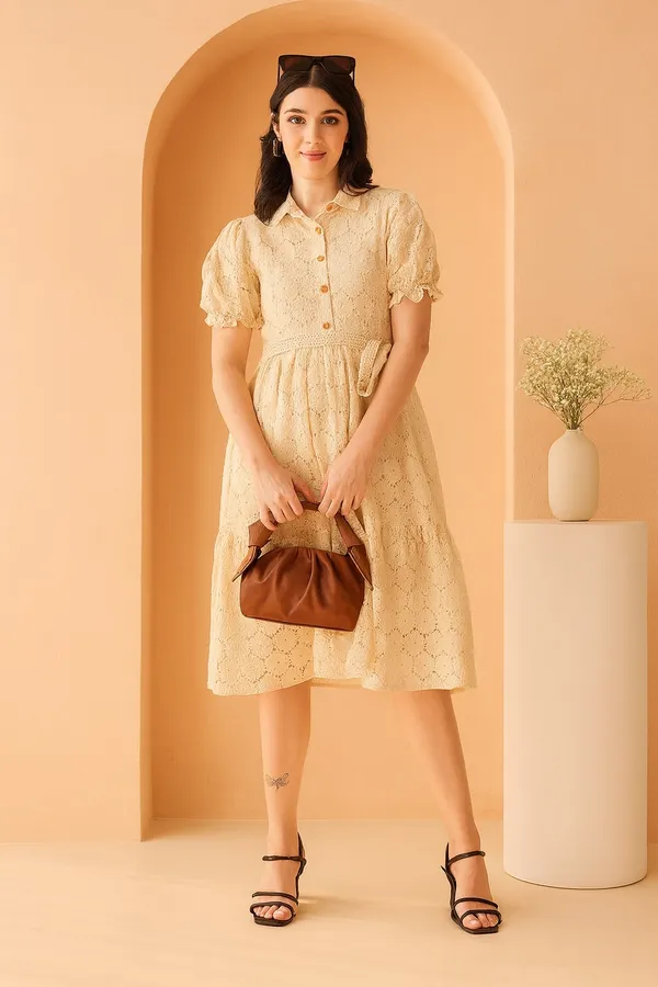 Cream_Premium_Schiffli_Half_Sleeves_Dress_For_Women