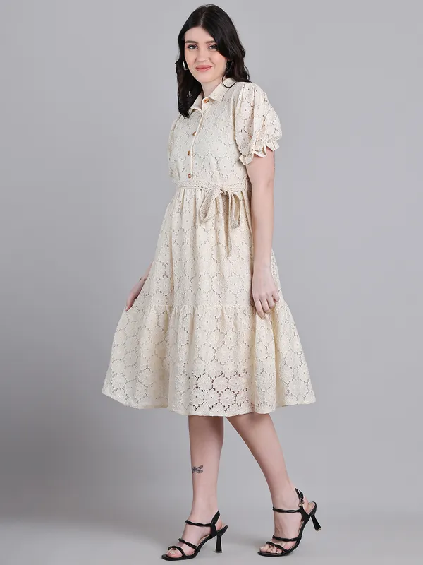 Cream_Premium_Schiffli_Half_Sleeves_Dress_For_Women