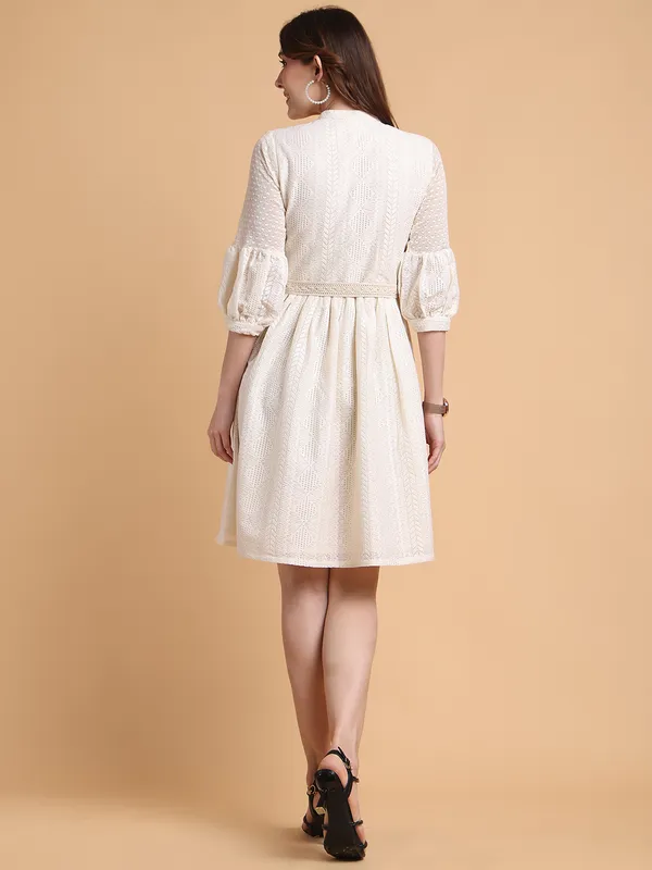 Cream_Premium_Schiffli_Three_Fourth_Sleeves_Dress_For_Women