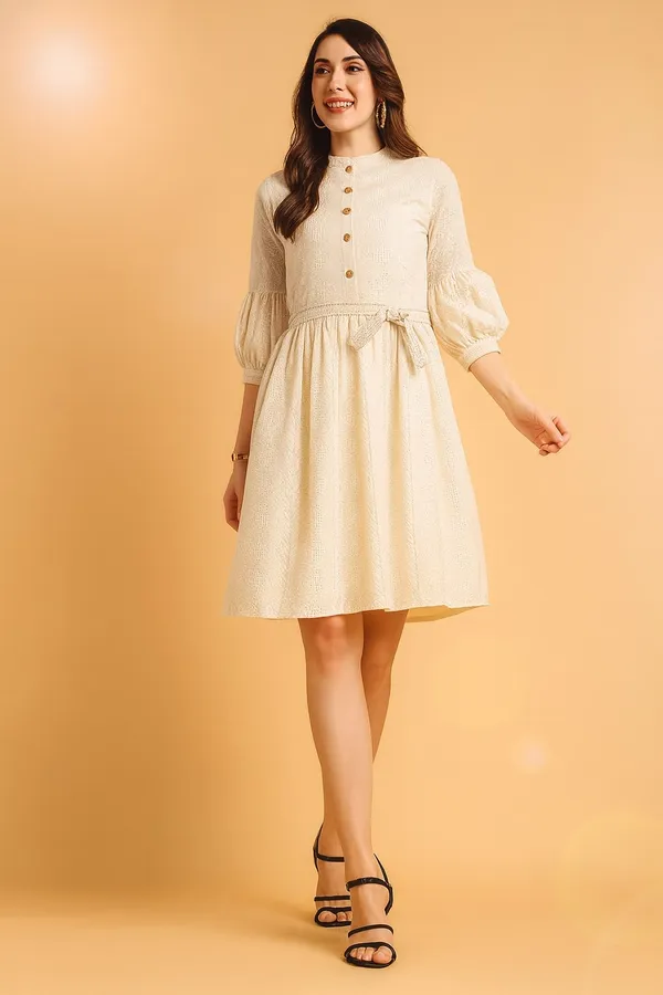 Cream_Premium_Schiffli_Three_Fourth_Sleeves_Dress_For_Women