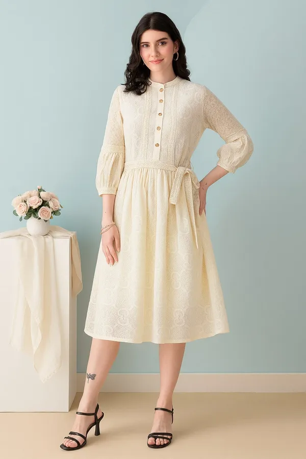 Cream_Premium_Polyester_Three_Fourth_Sleeves_Dress_For_Women