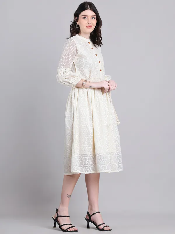 Cream_Premium_Polyester_Three_Fourth_Sleeves_Dress_For_Women