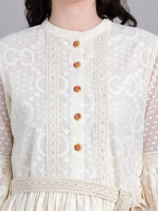 Cream_Premium_Polyester_Three_Fourth_Sleeves_Dress_For_Women