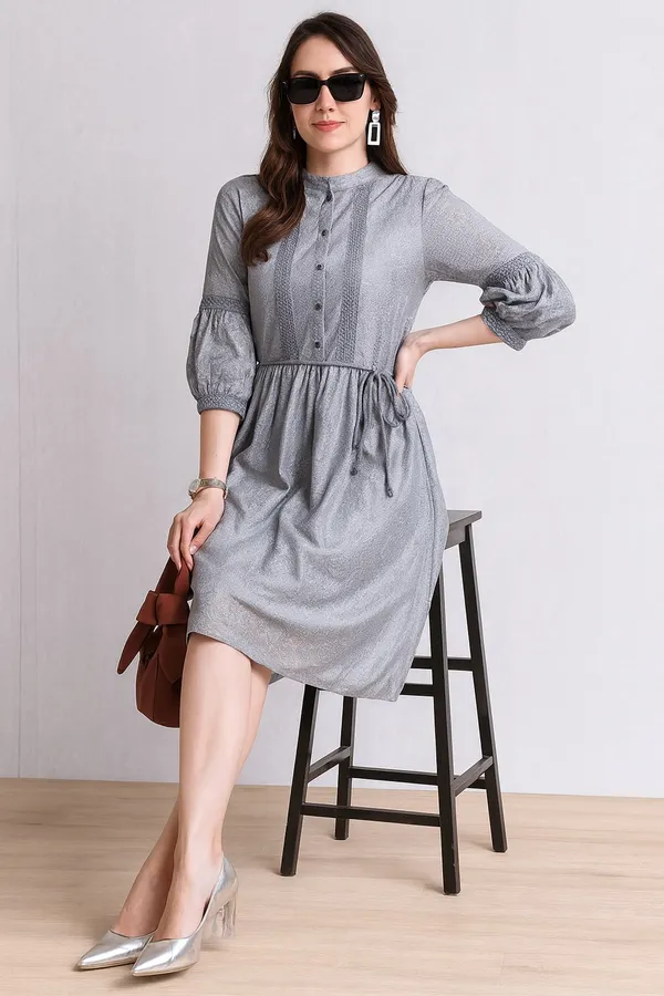 Grey_Premium_Polyester_Half_Sleeves_Dress_For_Women