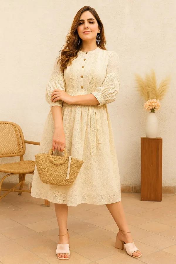 Off_White_Premium_Schiffli_Three_Fourth_Sleeves_Dress_For_Women