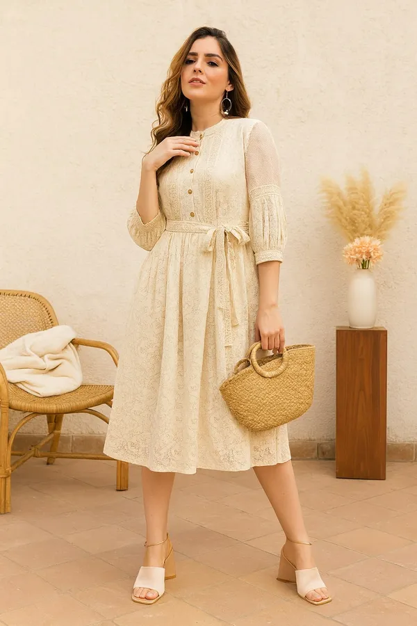 Off_White_Premium_Schiffli_Three_Fourth_Sleeves_Dress_For_Women