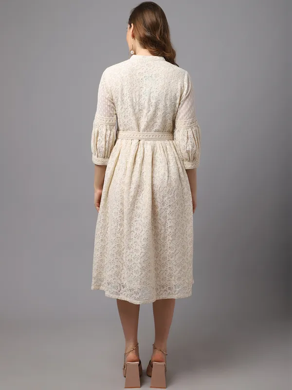 Off_White_Premium_Schiffli_Three_Fourth_Sleeves_Dress_For_Women