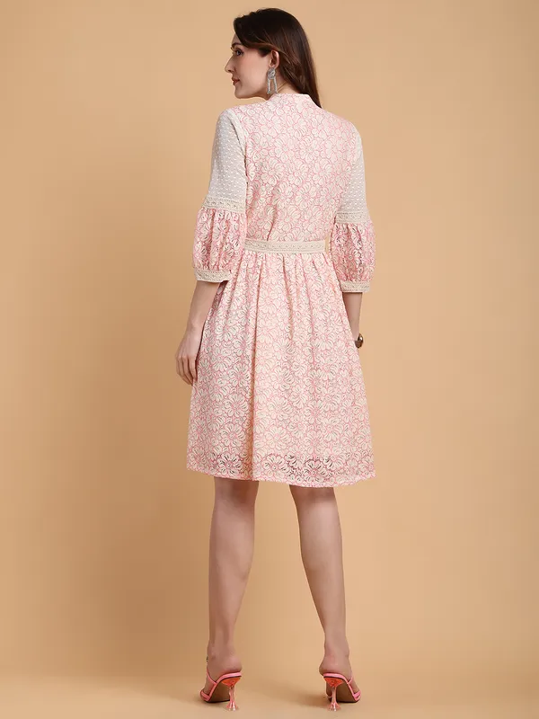 Pink_Premium_Schiffli_Three_Fourth_Sleeves_Dress_For_Women