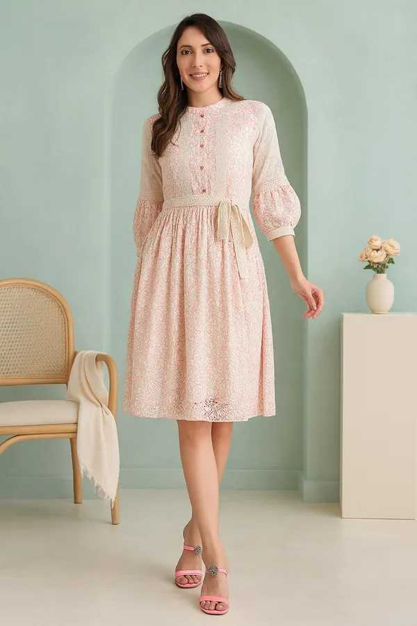 Pink_Premium_Schiffli_Three_Fourth_Sleeves_Dress_For_Women