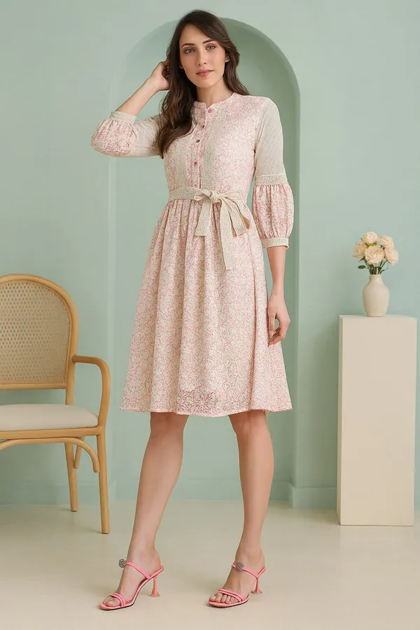 Pink_Premium_Schiffli_Three_Fourth_Sleeves_Dress_For_Women