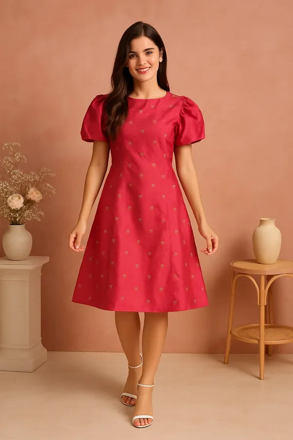 Pink_Premium_Polyester_Half_Sleeves_Dress_For_Women